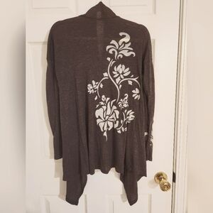 Enti XL Open Front Cardigan Brown Ivory  Floral Lightweight Long Flowy